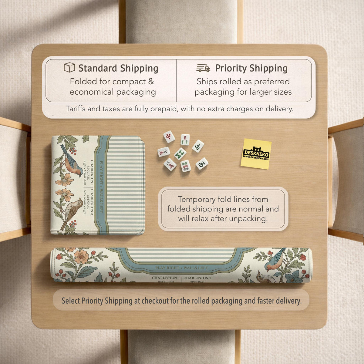 Square mahjong mat with a cream background, blue birds, sage leaves, terracotta flowers, and a decorative botanical border with printed rules text.