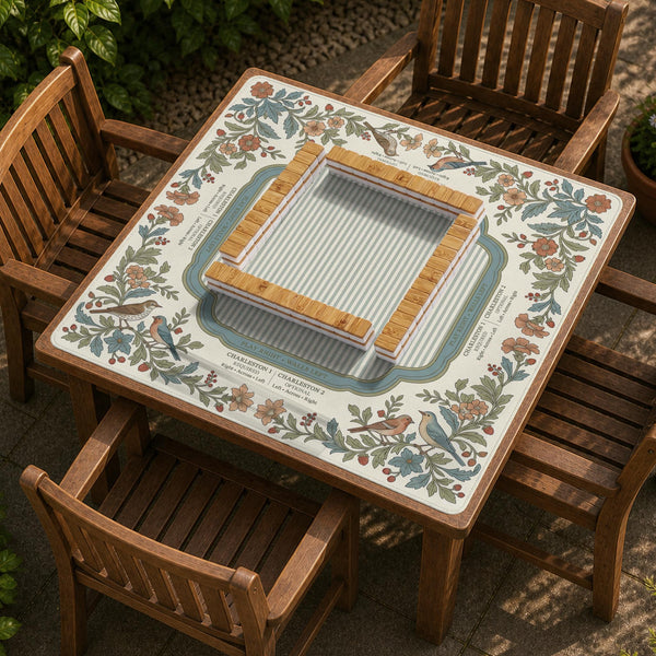 Square mahjong mat with a cream background, blue birds, sage leaves, terracotta flowers, and a decorative botanical border with printed rules text.