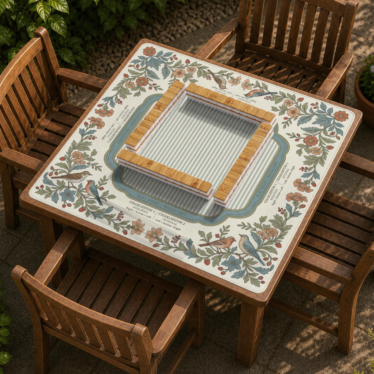 Square mahjong mat with a cream background, blue birds, sage leaves, terracotta flowers, and a decorative botanical border with printed rules text.