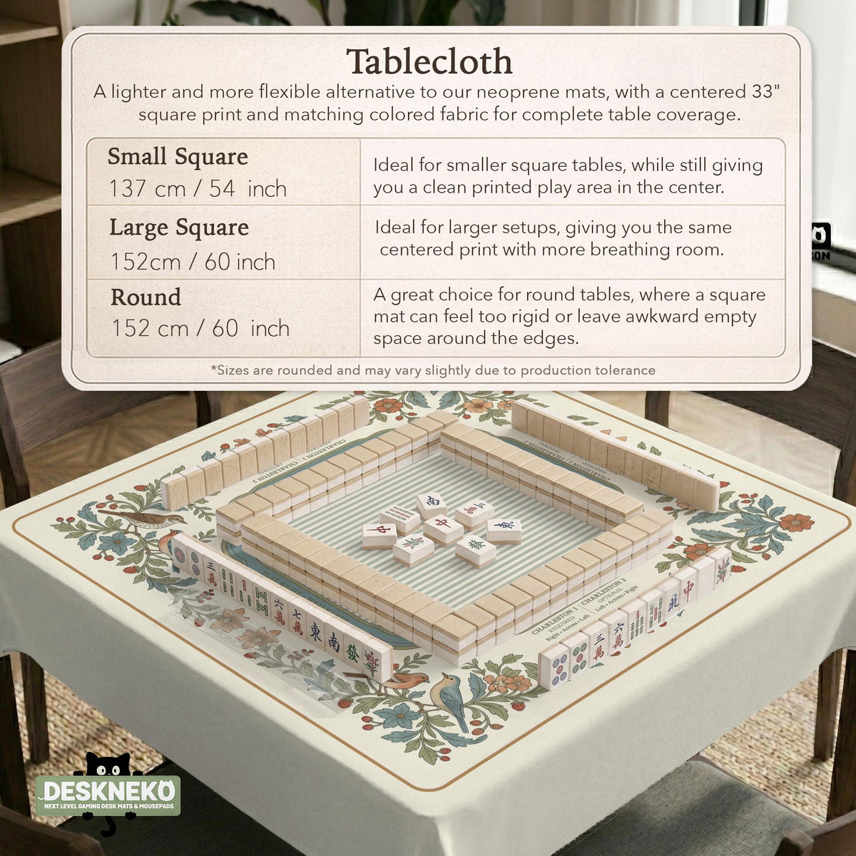 Square mahjong mat with a cream background, blue birds, sage leaves, terracotta flowers, and a decorative botanical border with printed rules text.