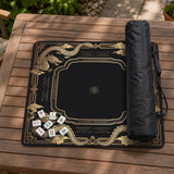 Black mahjong mat with gold dragon artwork, a scalloped edge, and printed Mahjong rules on the surface.