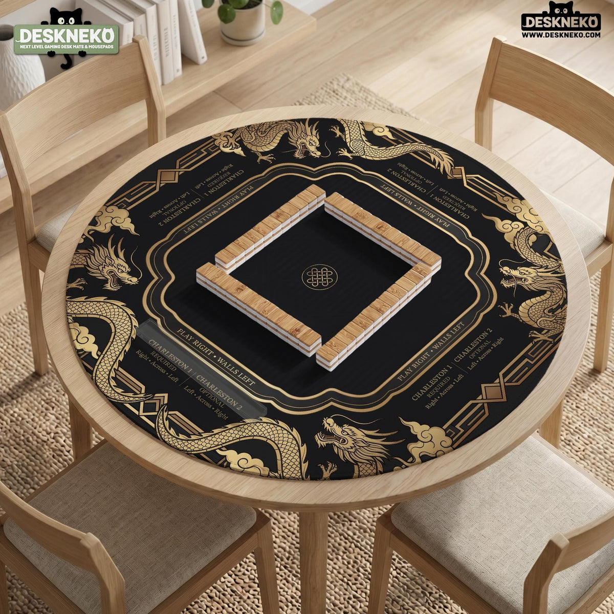 Black mahjong mat with gold dragon artwork, a scalloped edge, and printed Mahjong rules on the surface.