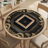Black mahjong mat with gold dragon artwork, a scalloped edge, and printed Mahjong rules on the surface.