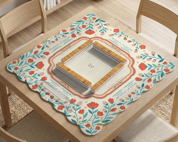 Cream mahjong mat with a coral and teal floral border, rule layout text, Charleston guide notes, and a blank center area for tile play.