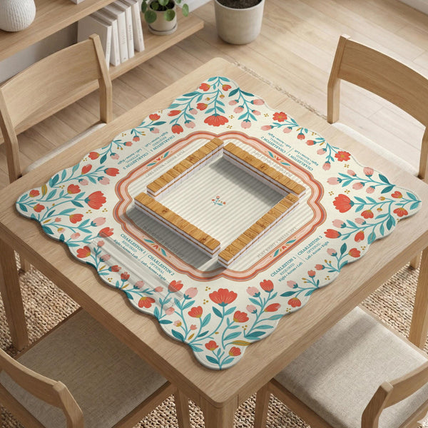 Cream mahjong mat with a coral and teal floral border, rule layout text, Charleston guide notes, and a blank center area for tile play.