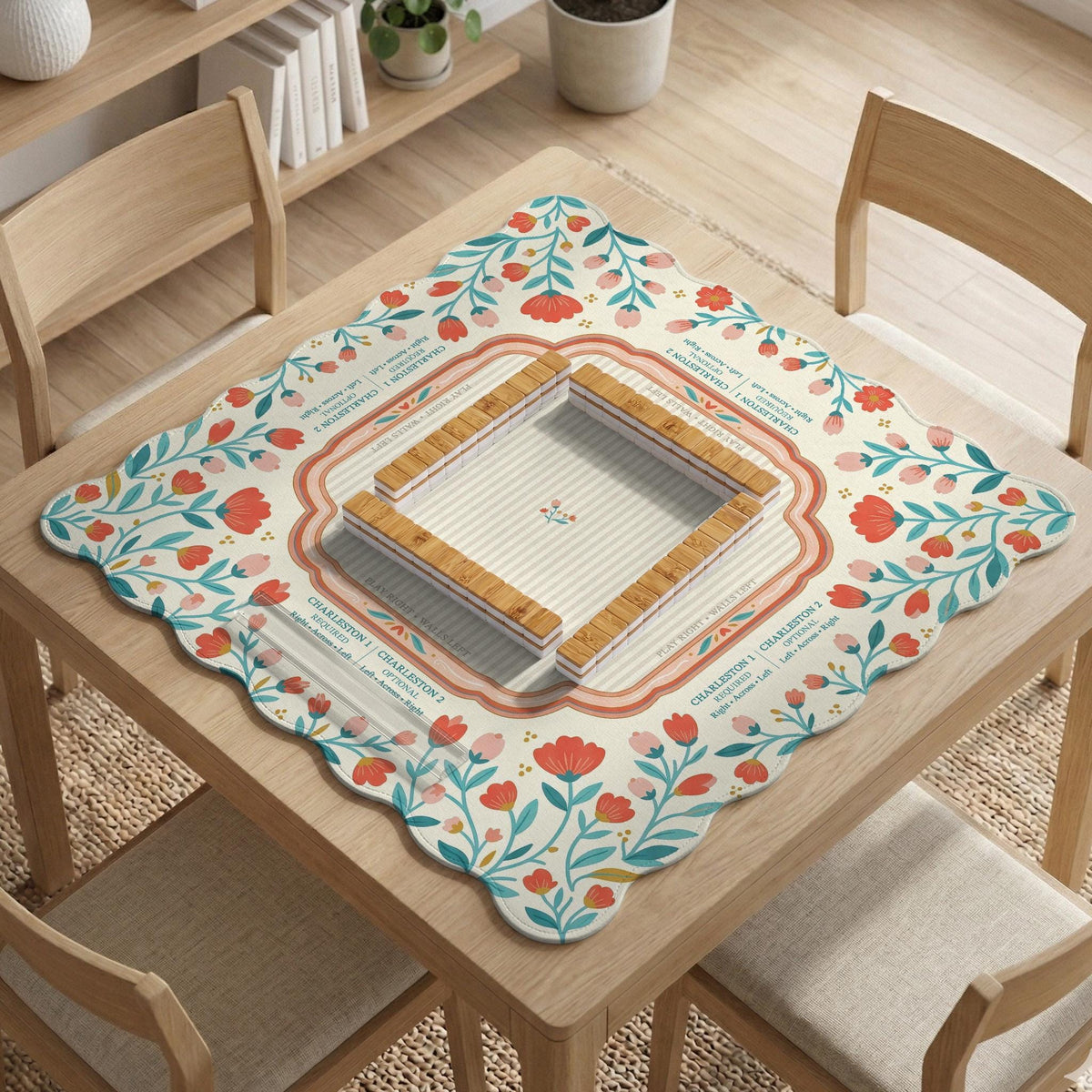 Cream mahjong mat with a coral and teal floral border, rule layout text, Charleston guide notes, and a blank center area for tile play.