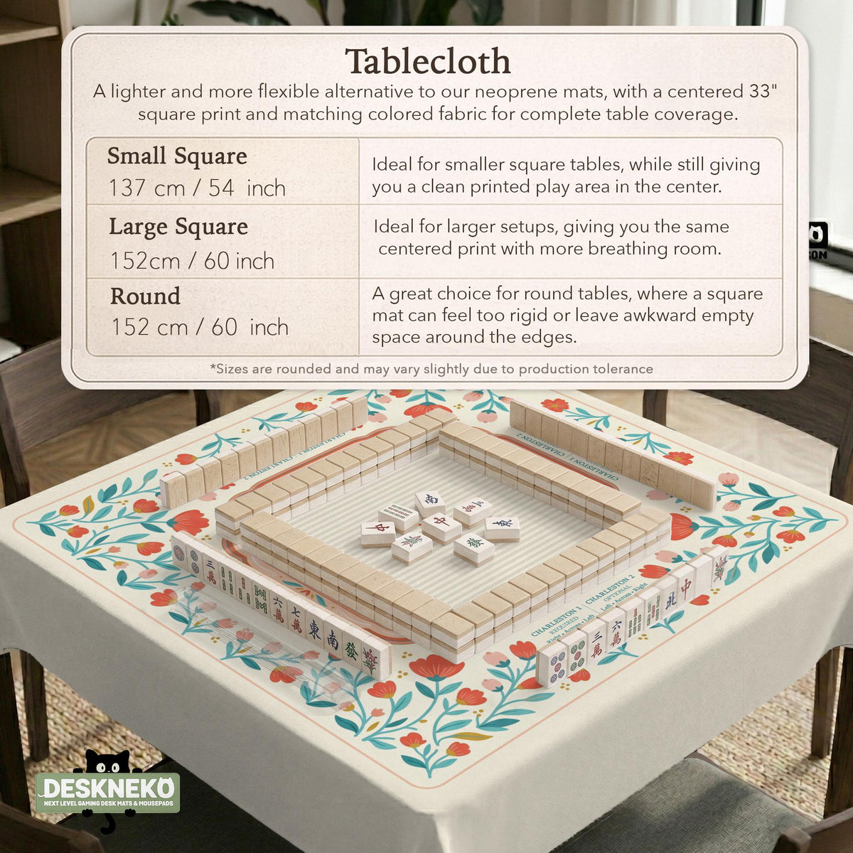 Cream mahjong mat with a coral and teal floral border, rule layout text, Charleston guide notes, and a blank center area for tile play.