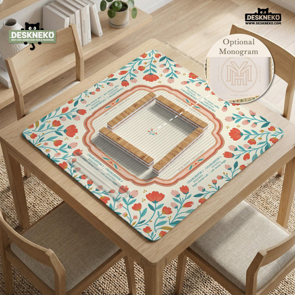 Cream mahjong mat with a coral and teal floral border, rule layout text, Charleston guide notes, and a blank center area for tile play.