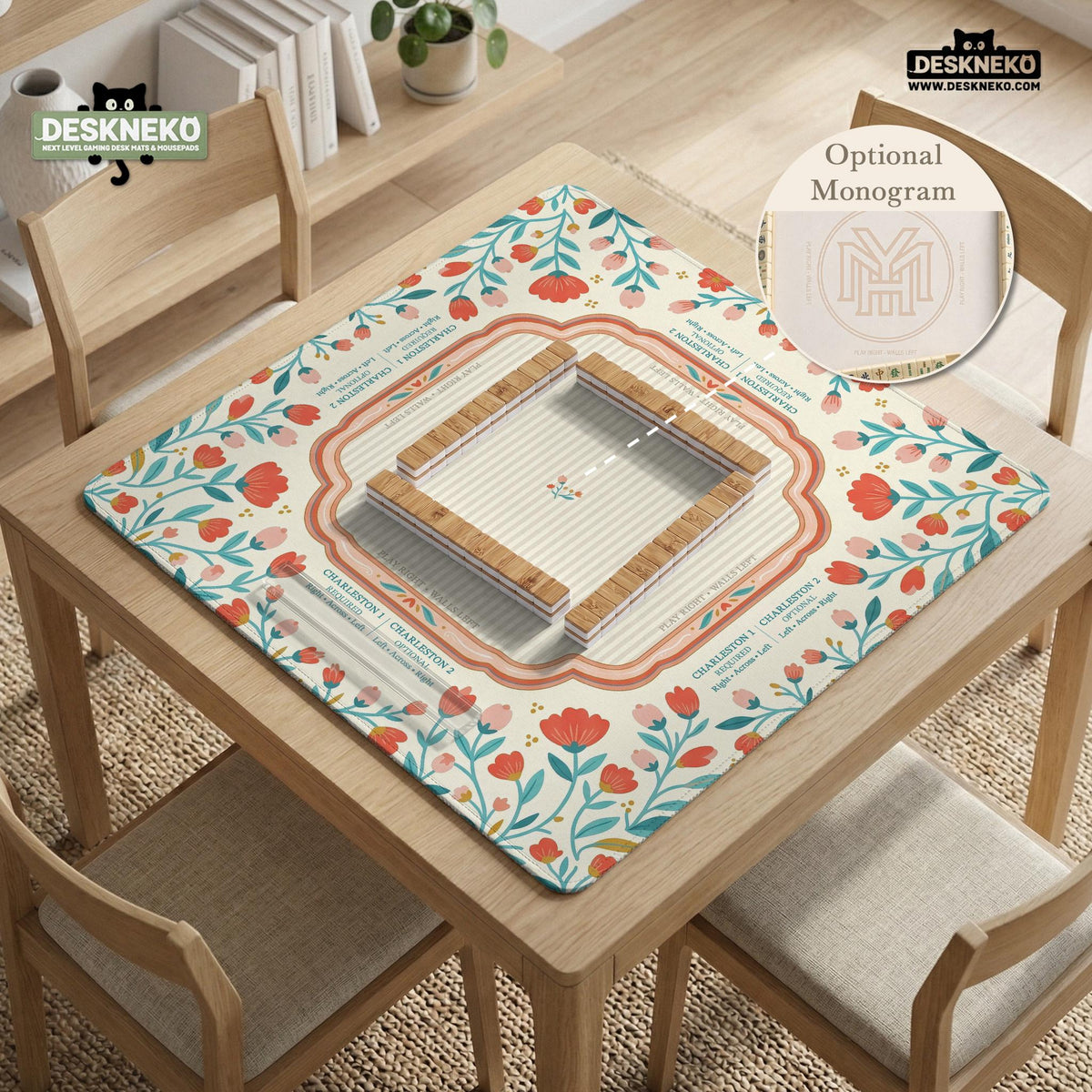 Cream mahjong mat with a coral and teal floral border, rule layout text, Charleston guide notes, and a blank center area for tile play.