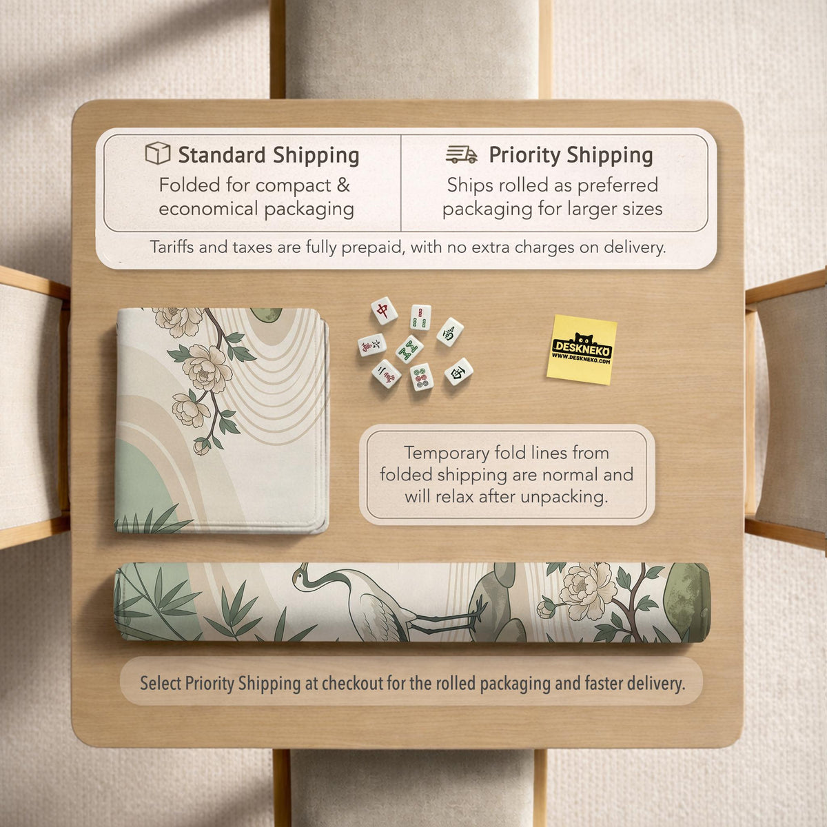 Square mahjong mat with a cream background, sage green cranes, bamboo leaves, peony branches, stones, and thin linework.