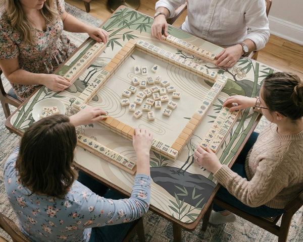 Square mahjong mat with a cream background, sage green cranes, bamboo leaves, peony branches, stones, and thin linework.