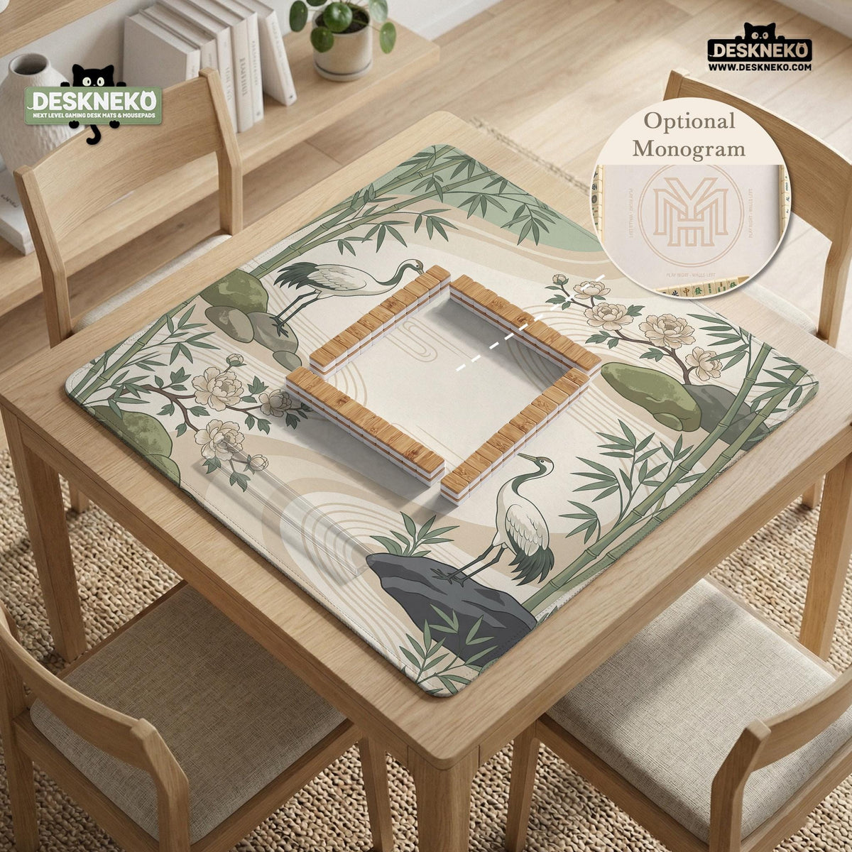 Square mahjong mat with a cream background, sage green cranes, bamboo leaves, peony branches, stones, and thin linework.