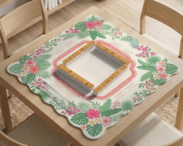 Coral tropical floral mahjong mat with hibiscus flowers, palm leaves, cream sections, and a scalloped edge.