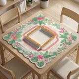 Coral tropical floral mahjong mat with hibiscus flowers, palm leaves, cream sections, and a scalloped edge.
