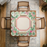 Coral tropical floral mahjong mat with hibiscus flowers, palm leaves, cream sections, and a scalloped edge.