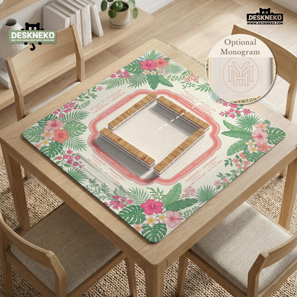 Coral tropical floral mahjong mat with hibiscus flowers, palm leaves, cream sections, and a scalloped edge.