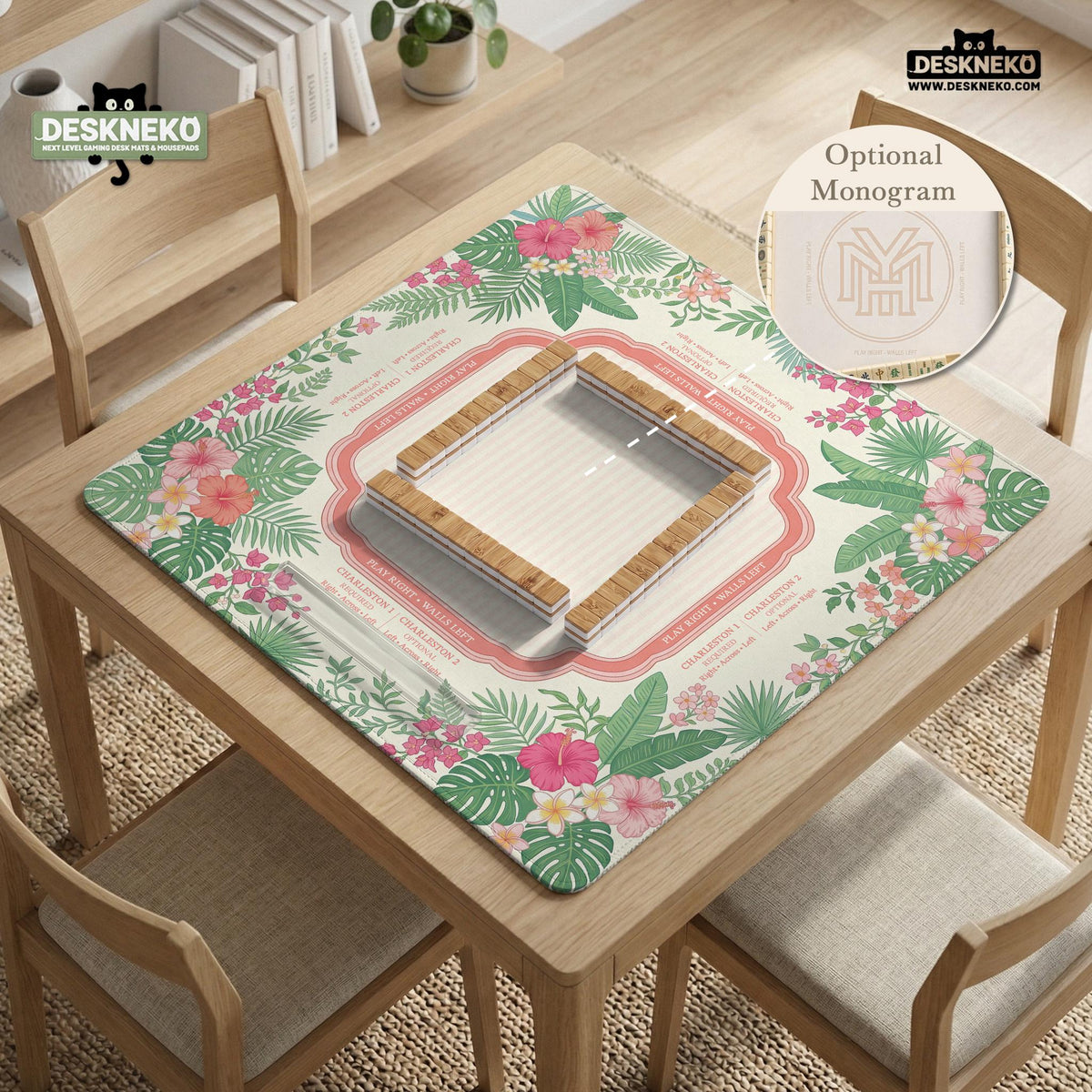 Coral tropical floral mahjong mat with hibiscus flowers, palm leaves, cream sections, and a scalloped edge.