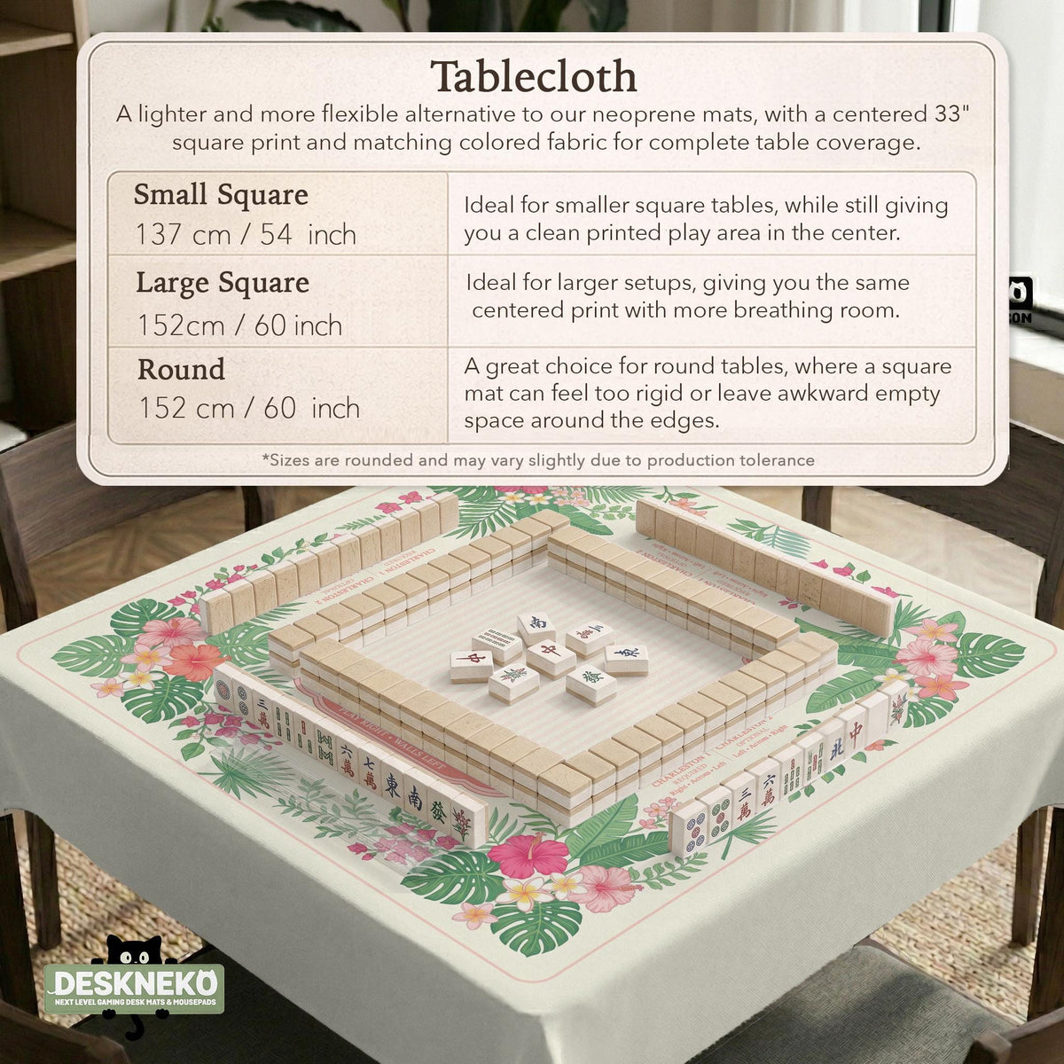 Coral tropical floral mahjong mat with hibiscus flowers, palm leaves, cream sections, and a scalloped edge.