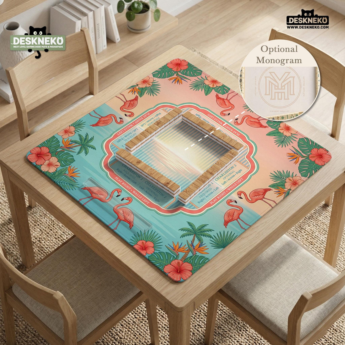 Pink mahjong mat with flamingos, palm leaves, hibiscus flowers, and aqua tropical background.