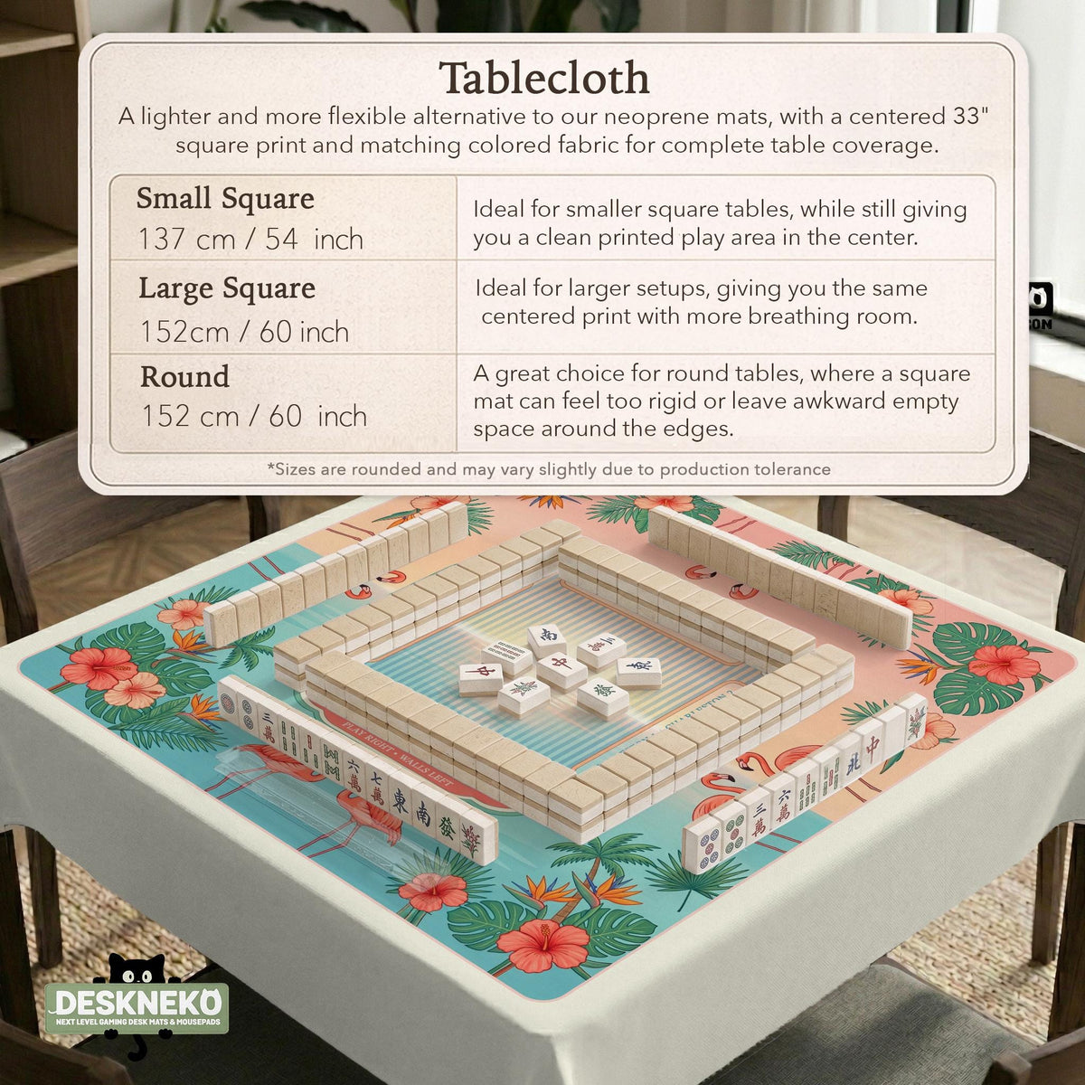 Pink mahjong mat with flamingos, palm leaves, hibiscus flowers, and aqua tropical background.