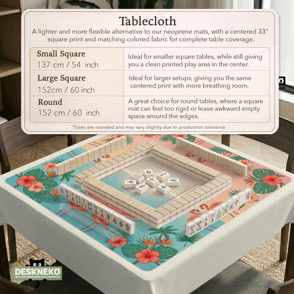 A square mahjong mat with flamingos, hibiscus flowers, palm leaves, and aqua water accents on a coral background with a scalloped edge.
