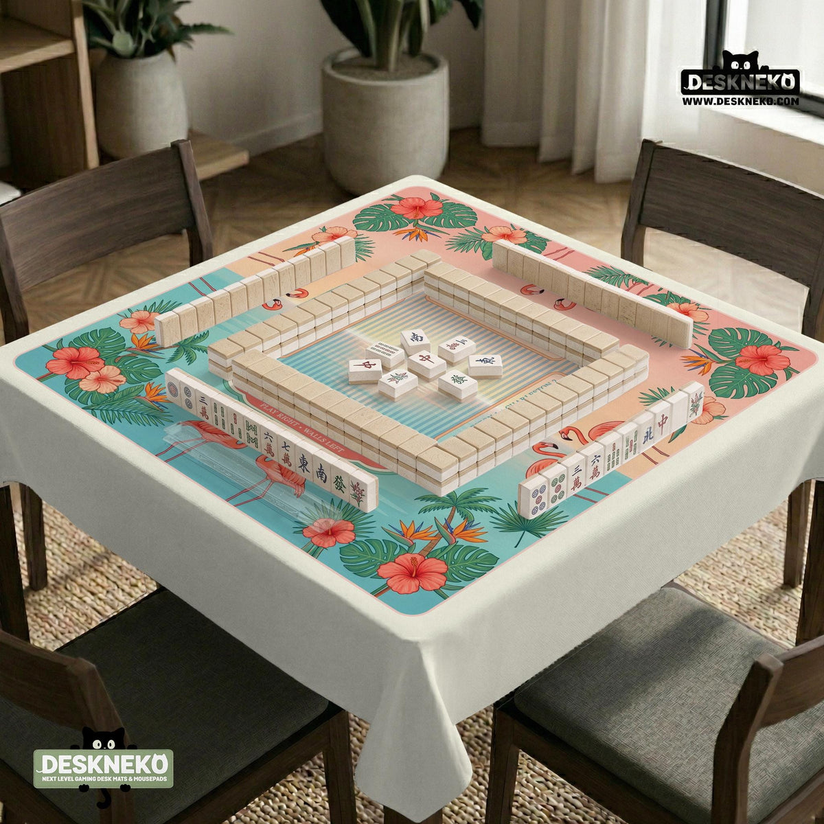 Pink mahjong mat with flamingos, palm leaves, hibiscus flowers, and aqua tropical background.