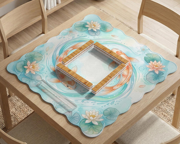 A soft blue mahjong mat with koi fish, floating lily pads, pale floral details, and a watercolor-style pond design.
