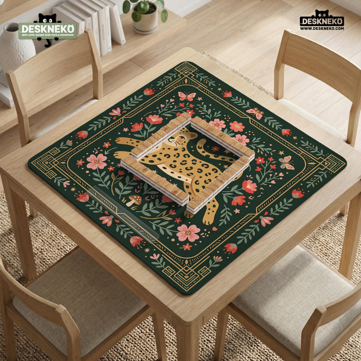 Dark green square mahjong mat with a golden spotted leopard in the center, surrounded by flowers, leafy stems, butterflies, and small star accents.