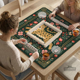 Dark green square mahjong mat with a golden spotted leopard in the center, surrounded by flowers, leafy stems, butterflies, and small star accents.