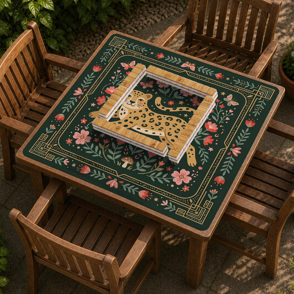 Dark green square mahjong mat with a golden spotted leopard in the center, surrounded by flowers, leafy stems, butterflies, and small star accents.
