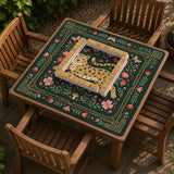 Dark green square mahjong mat with a golden spotted leopard in the center, surrounded by flowers, leafy stems, butterflies, and small star accents.