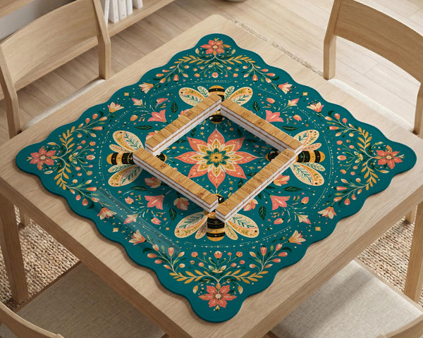 Green mahjong mat with a botanical bee and floral mandala design in teal, coral, cream, and gold.