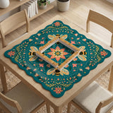 Green mahjong mat with a botanical bee and floral mandala design in teal, coral, cream, and gold.