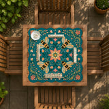 Green mahjong mat with a botanical bee and floral mandala design in teal, coral, cream, and gold.