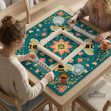 Green mahjong mat with a botanical bee and floral mandala design in teal, coral, cream, and gold.