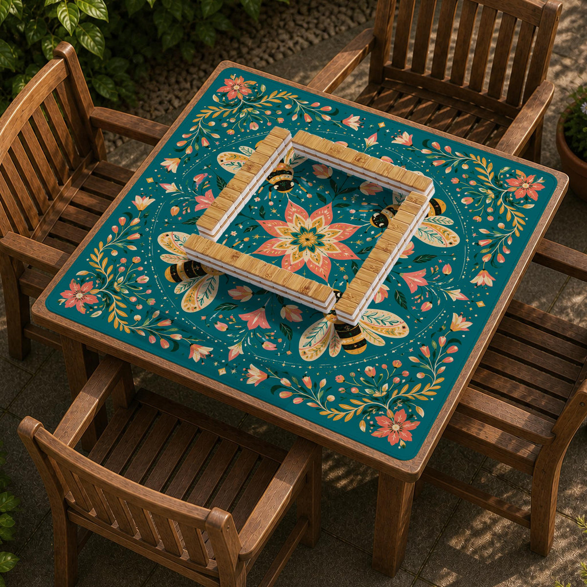 Green mahjong mat with a botanical bee and floral mandala design in teal, coral, cream, and gold.