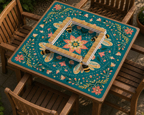 Green mahjong mat with a botanical bee and floral mandala design in teal, coral, cream, and gold.