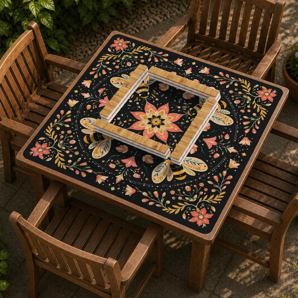 Black mahjong mat with a symmetrical botanical design, coral flowers, golden leaves, and small bees.