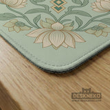 Sage green square mahjong mat with lotus flowers, golden dragons, and an ornamental center design.