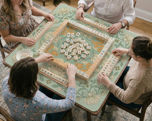 Sage green square mahjong mat with lotus flowers, golden dragons, and an ornamental center design.