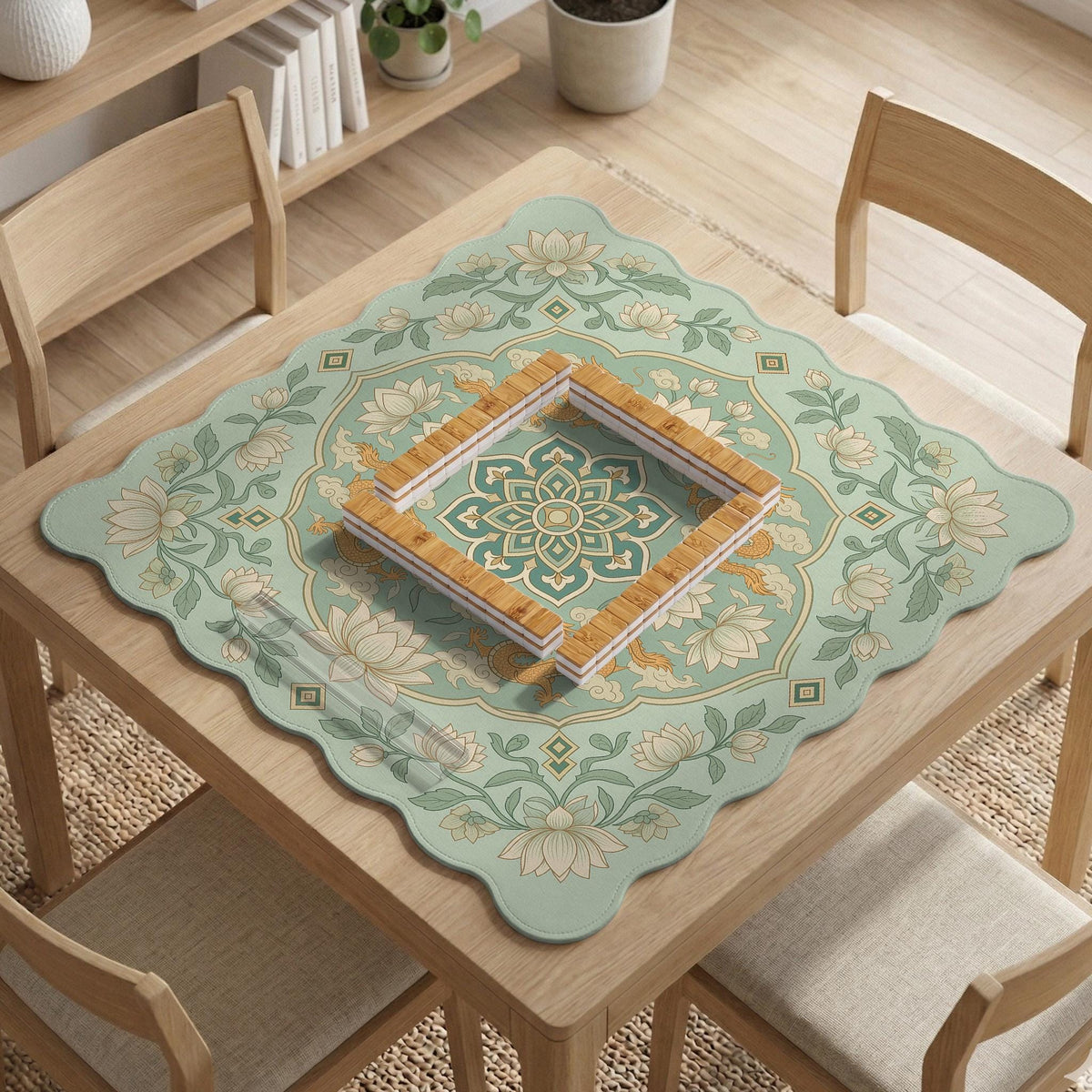Sage green square mahjong mat with lotus flowers, golden dragons, and an ornamental center design.