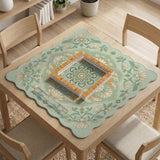 Sage green square mahjong mat with lotus flowers, golden dragons, and an ornamental center design.