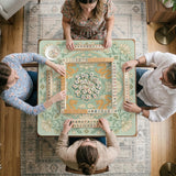 Sage green square mahjong mat with lotus flowers, golden dragons, and an ornamental center design.