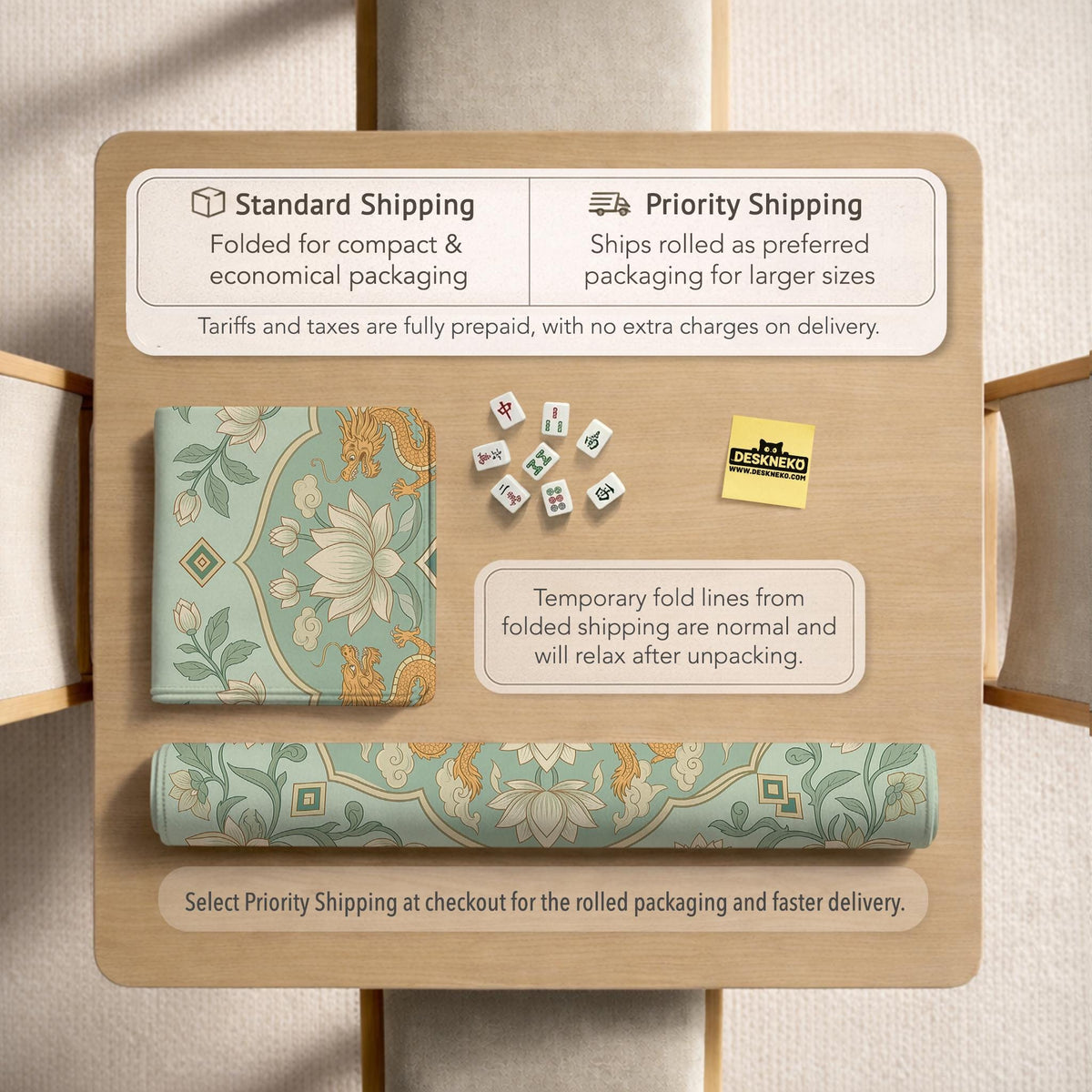 Sage green square mahjong mat with lotus flowers, golden dragons, and an ornamental center design.