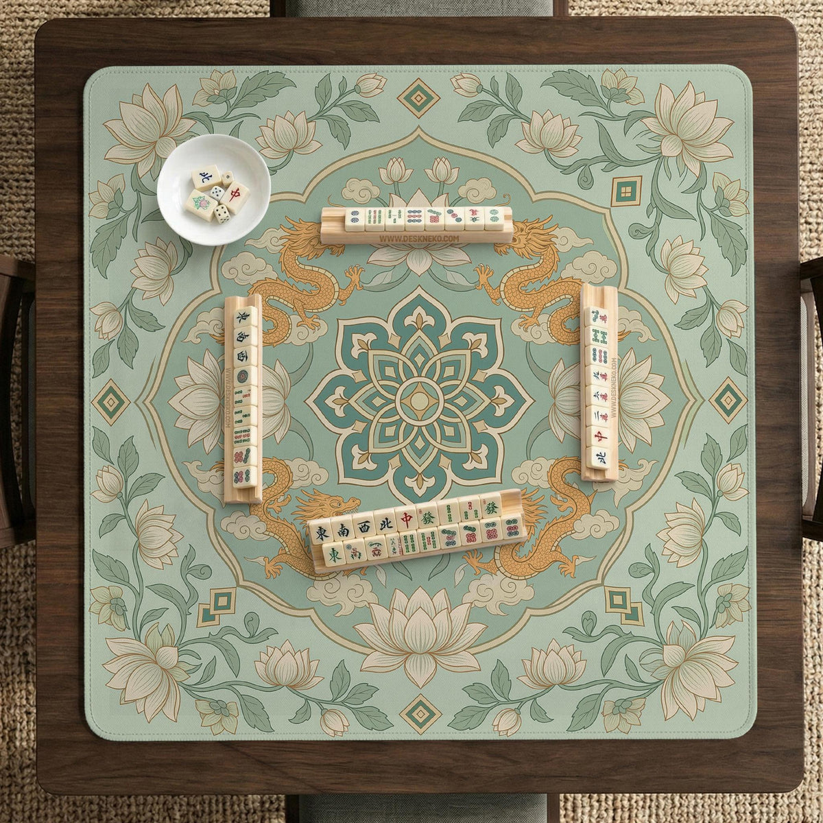 Sage green square mahjong mat with lotus flowers, golden dragons, and an ornamental center design.