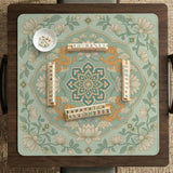 Sage green square mahjong mat with lotus flowers, golden dragons, and an ornamental center design.