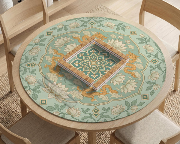Sage green square mahjong mat with lotus flowers, golden dragons, and an ornamental center design.
