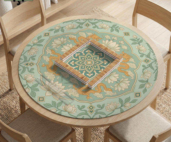 Sage green square mahjong mat with lotus flowers, golden dragons, and an ornamental center design.