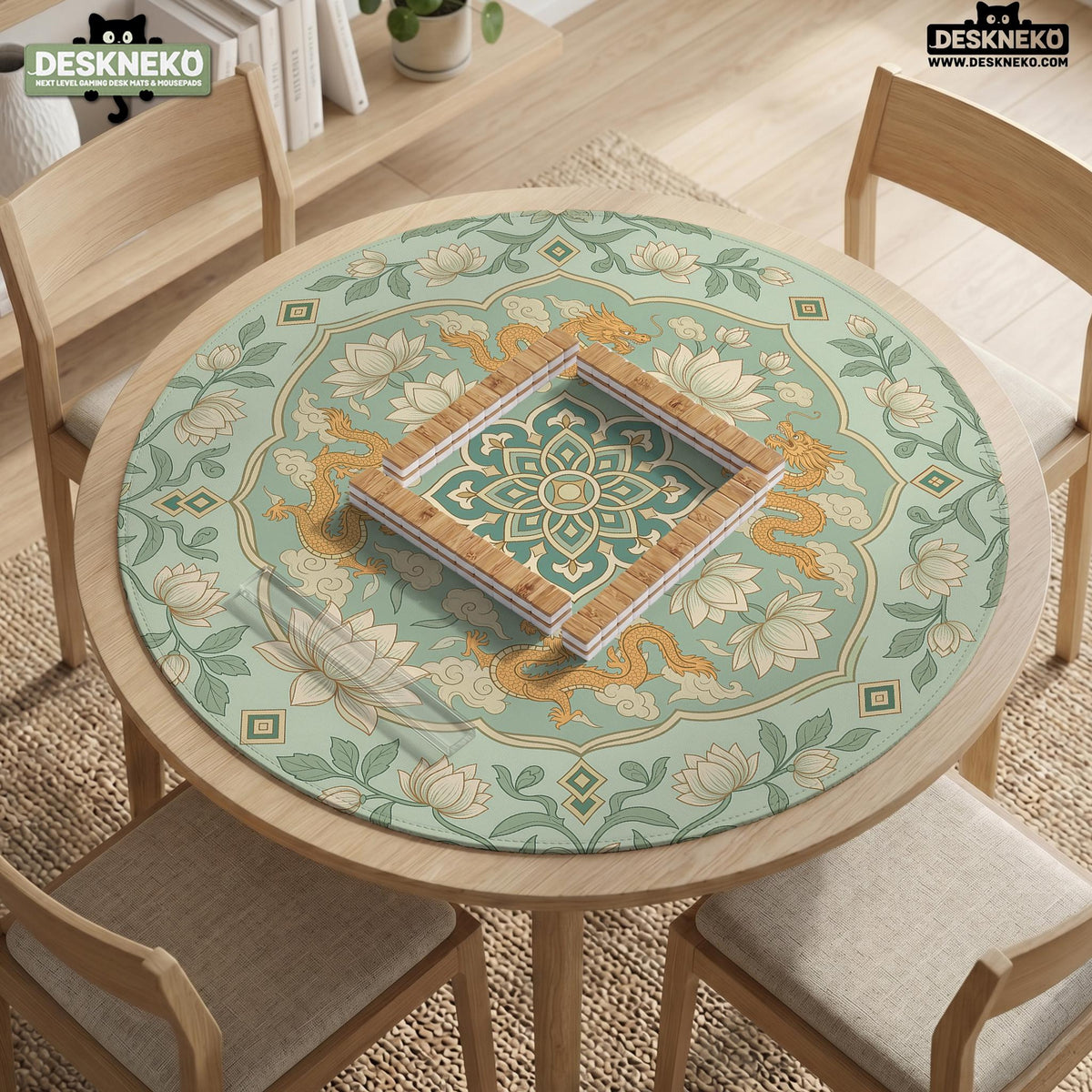 Sage green square mahjong mat with lotus flowers, golden dragons, and an ornamental center design.