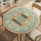 Sage green square mahjong mat with lotus flowers, golden dragons, and an ornamental center design.